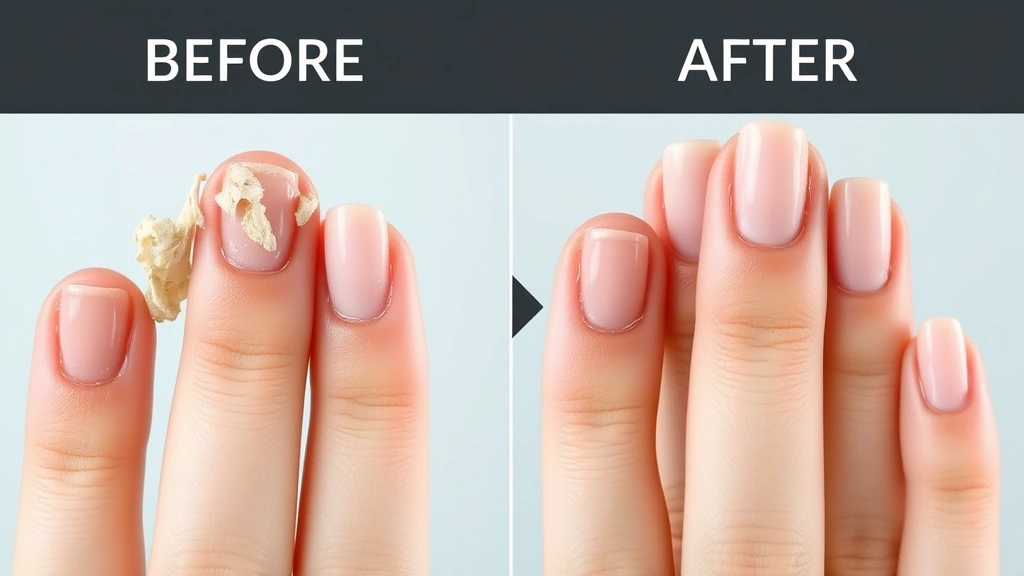 Before and after visual comparison of nail transformation showing progression from brittle, peeling nails to strong, smooth, resilient nails with healthy growth, professional cosmetic photography style