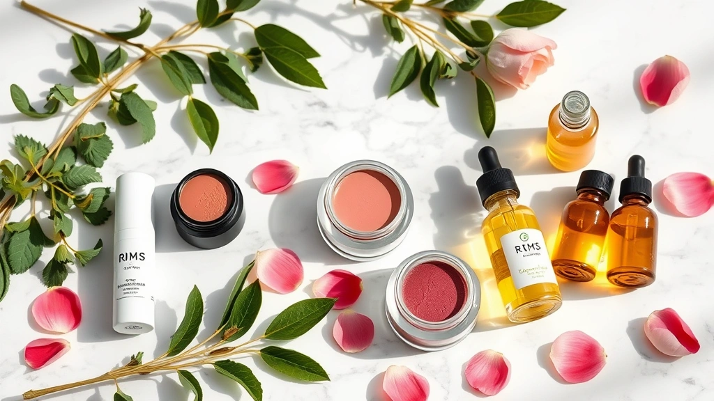 Luxury clean beauty cosmetics products arranged artfully—RMS-style lip tints, cream eyeshadows, and glass bottles of botanical oils on marble surface with fresh green herbs and rose petals, soft natural lighting, professional beauty photography, no packaging labels visible