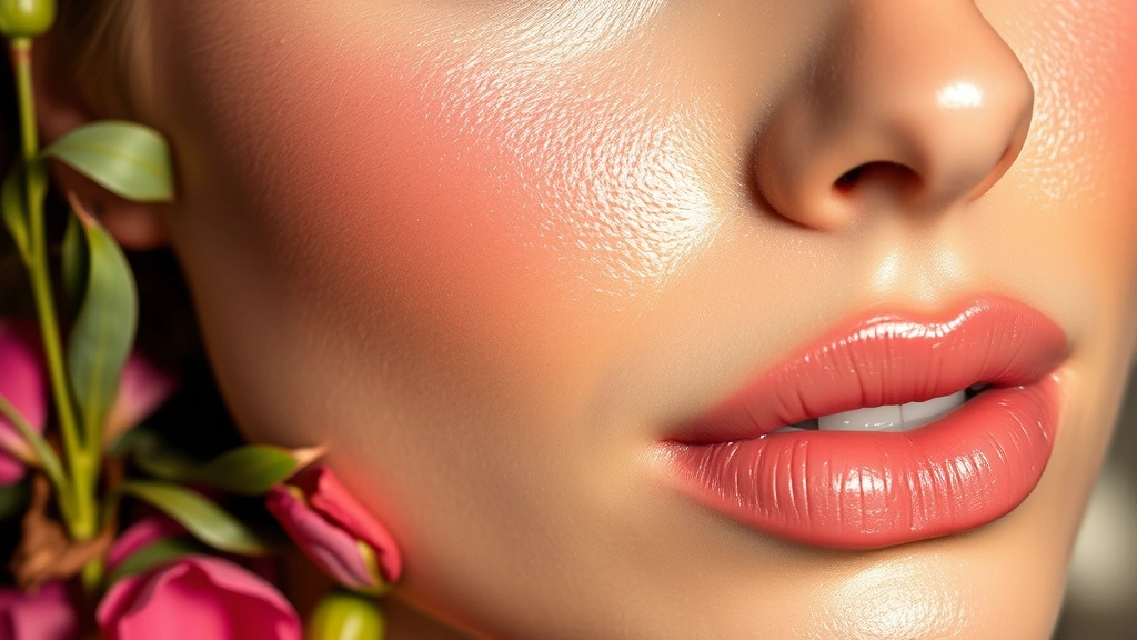 Close-up of glowing dewy skin with warm-toned cream blush and highlighter applied, botanical ingredients like rose petals and green tea leaves artfully scattered nearby, demonstrating luminous finish and natural beauty enhancement, professional makeup artistry lighting