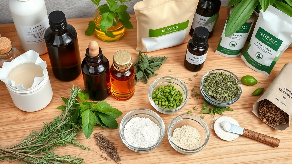 Sustainable beauty workspace showing organic botanical ingredients—cold-pressed oils in glass bottles, fresh herbs, mineral pigments in small bowls, and eco-friendly packaging materials arranged on natural wood surface, emphasizing clean beauty formulation philosophy and ingredient transparency
