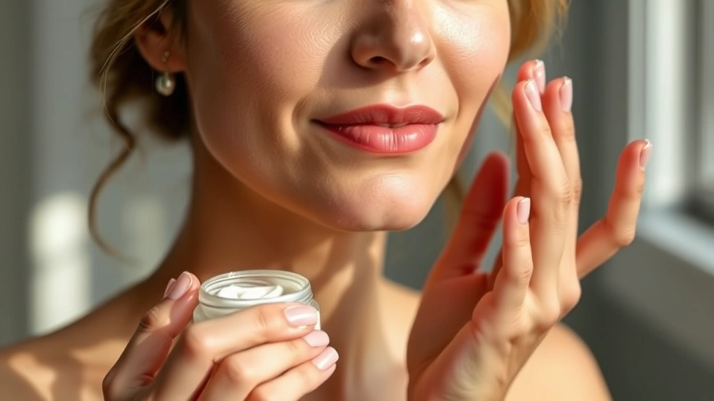 Serene middle-aged woman with glowing, radiant skin applying luxurious anti-aging cream to her face, soft natural lighting, peaceful skincare moment, close-up of hands and face