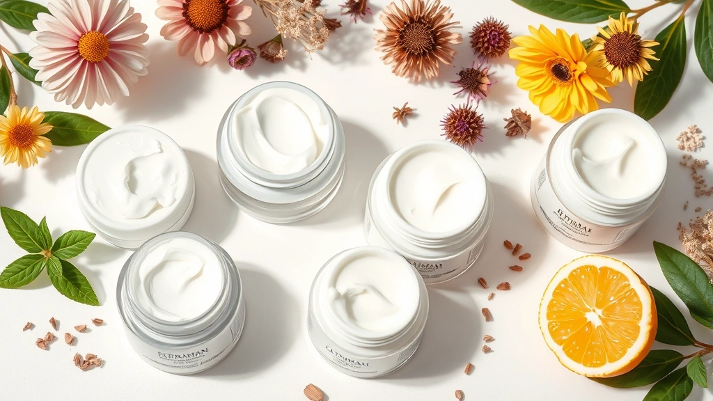 Array of premium anti-aging cream textures and formulations displayed on clean white surface with fresh botanicals, skincare ingredients visible, professional beauty photography