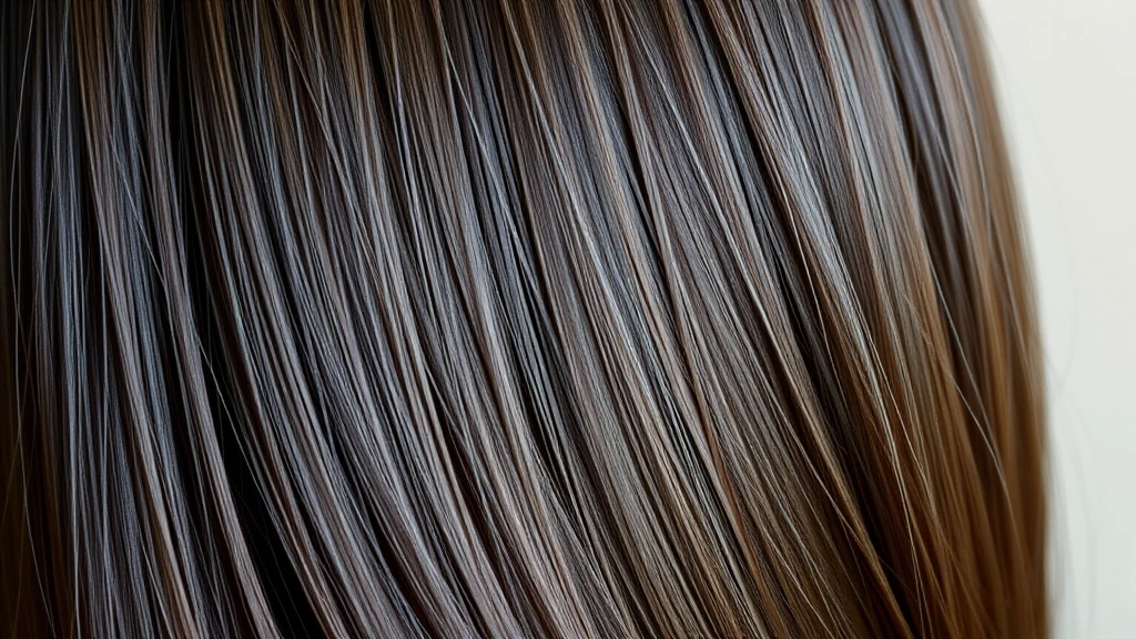 Close-up of shiny, healthy hair with visible shine and texture, woman with long dark hair after professional treatment, professional salon lighting