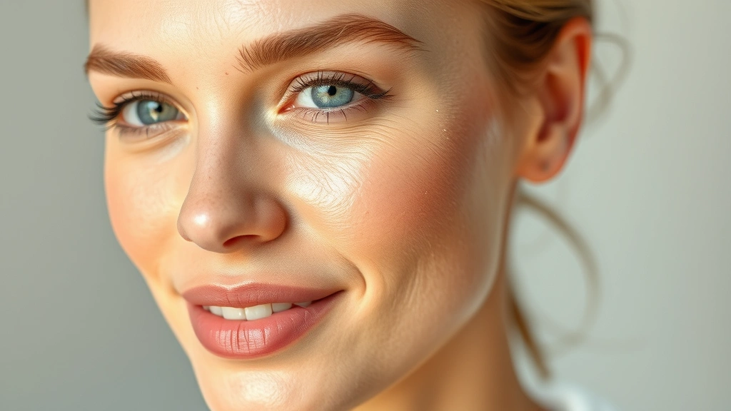 Woman's glowing face with clear, hydrated skin showing radiance, minimal makeup, natural lighting highlighting skin texture and luminosity