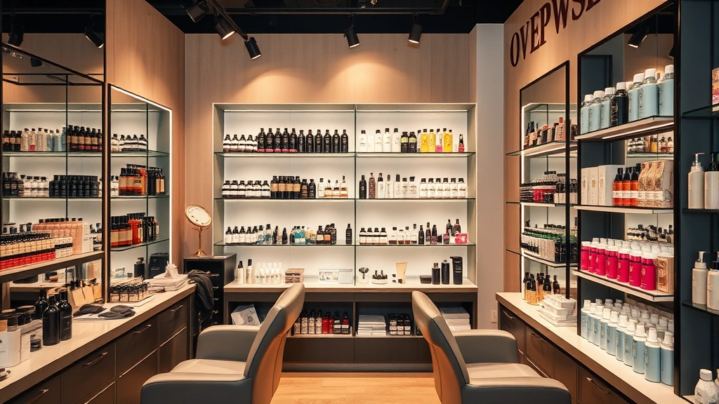 Professional salon setting with beauty products displayed, organized shelves with cosmetic bottles, warm salon ambiance with professional lighting