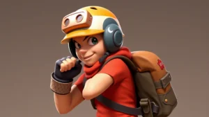 Scout character wearing classic Bonk Helm with Bonk Boy backpack, athletic baseball aesthetic, energetic pose, bright colors, Team Fortress 2 style, gaming character customization
