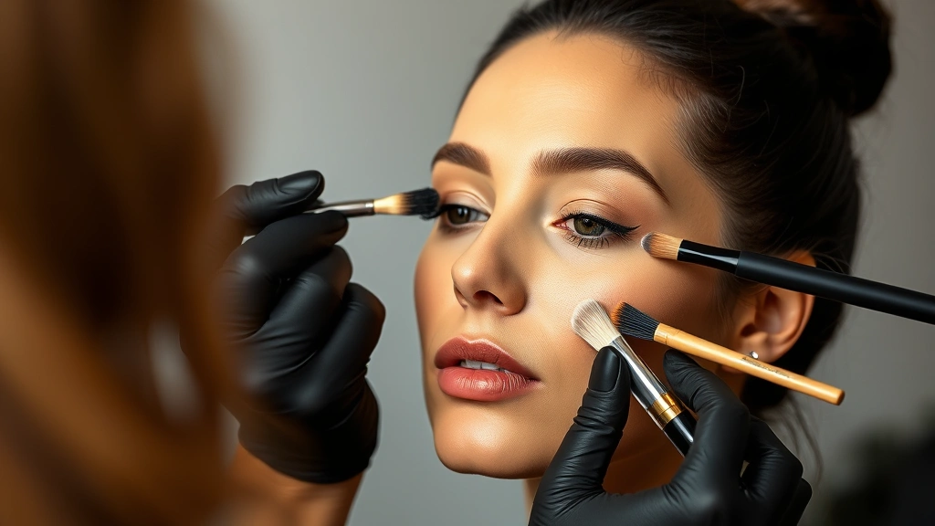 Professional makeup artist applying foundation and concealer to a woman's face with precision brushes, close-up of blending techniques on diverse skin tone, natural studio lighting highlighting makeup artistry