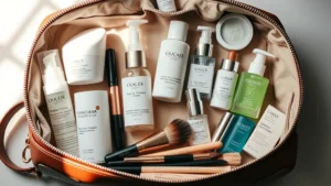 Flat lay of organized cosmetic products including skincare bottles, makeup brushes, and serums neatly arranged inside an open luxury cosmetic pouch with compartments, soft natural lighting
