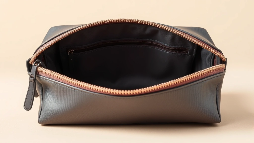 Close-up detail of premium cosmetic pouch zipper mechanism and water-resistant lining interior, showcasing quality craftsmanship and durable materials, studio lighting on neutral background
