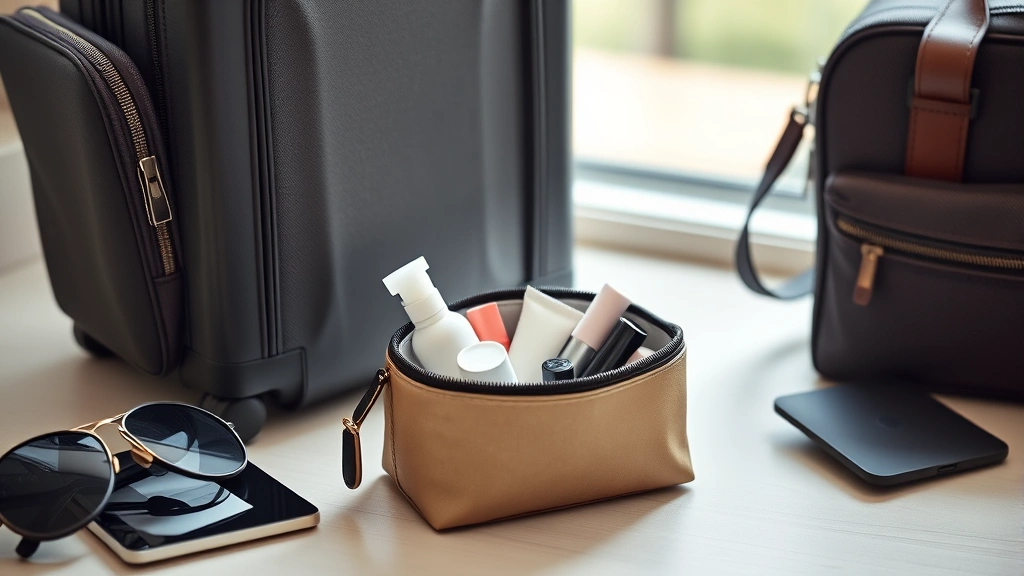Lifestyle shot of compact travel cosmetic pouch packed with essentials, placed beside luggage and travel accessories, minimalist aesthetic with natural daylight