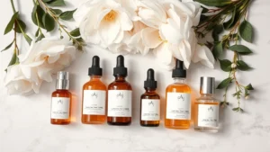 Flatlay arrangement of luxury skincare cosmetic set with serums, moisturizers, and essences in glass bottles, arranged on marble surface with fresh white flowers and soft natural lighting
