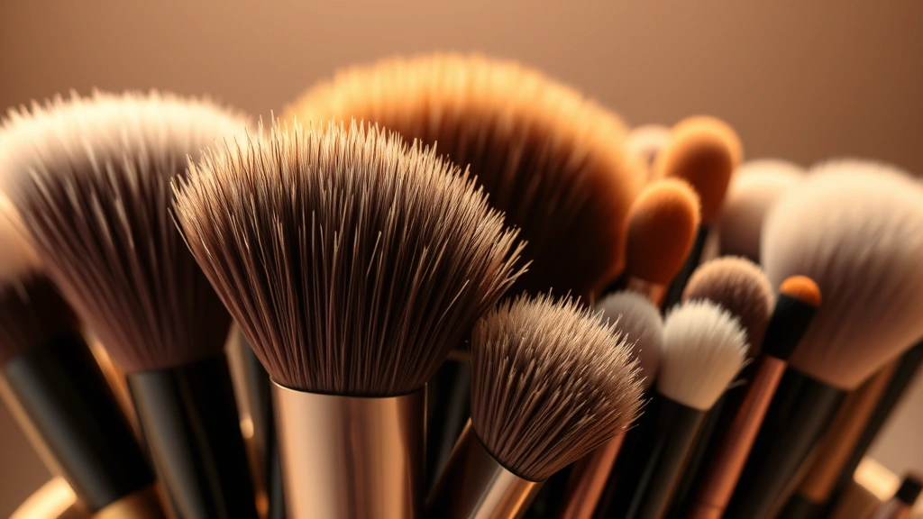 Close-up of professional makeup brush set with densely packed natural and synthetic bristles, displayed in organized holder with warm studio lighting highlighting texture detail
