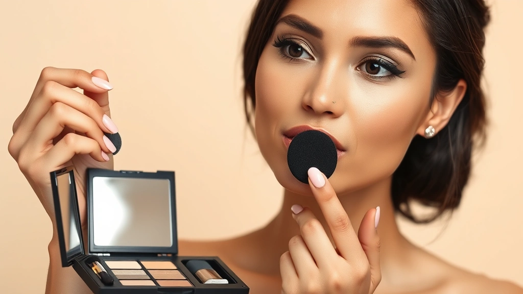 Woman applying foundation from cosmetic set with beauty sponge, showing dewy complexion and professional makeup application technique against neutral background