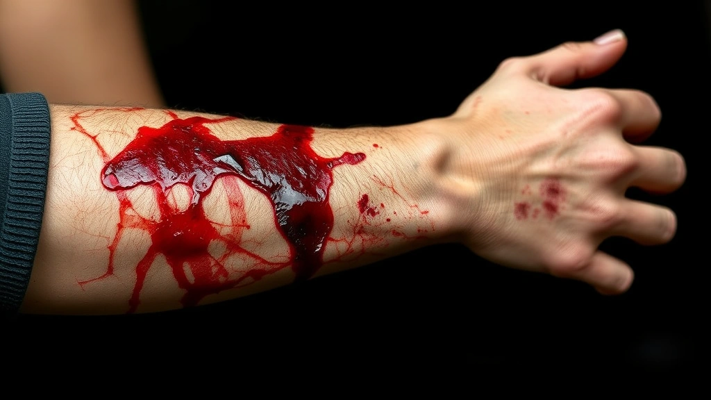 Completed realistic wound effect showing textured edges with fake blood, depth shading, and color variation on model's forearm, professional theatrical makeup