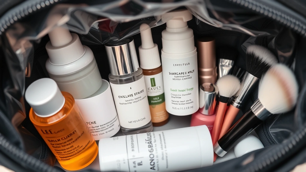 Close-up of a well-organized small cosmetic bag interior showing neatly arranged skincare bottles, serums, and makeup products in waterproof compartments with clear visibility of liquid containers and brushes