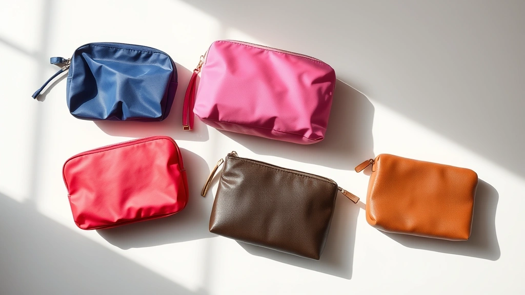 Flat lay composition displaying five different small cosmetic bags in various colors and materials including nylon, canvas, and leather arranged on a clean white surface with soft natural lighting