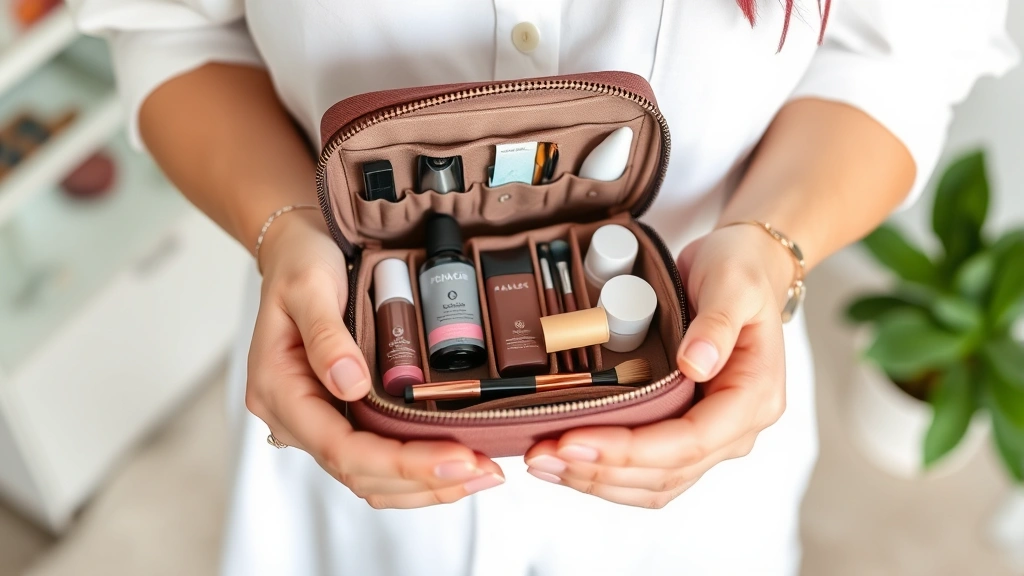 Professional makeup artist's hands holding an open small cosmetic bag revealing multiple organized compartments with skincare serums, moisturizers, and beauty tools arranged for easy access during application