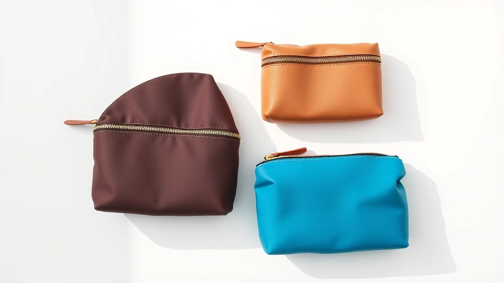 Flat lay of three different sized cosmetic bags in various colors and materials—canvas, nylon, and vegan leather—displayed on white surface with soft shadow, showing texture and quality details of each bag