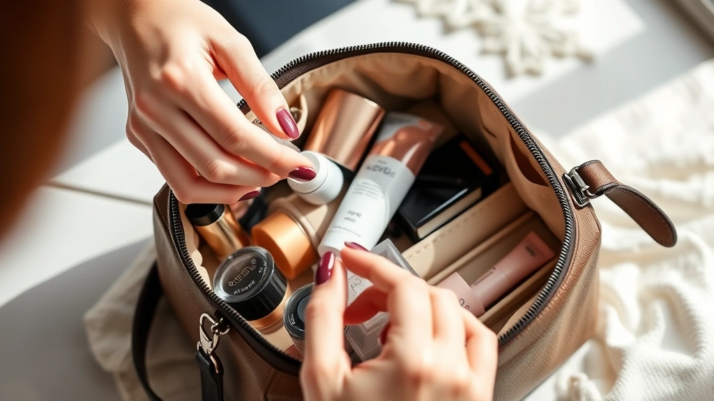 Woman's hands organizing small beauty products into a cosmetic bag with multiple compartments, showing practical packing of serums, palettes, and lip products, natural lighting, lifestyle photography approach