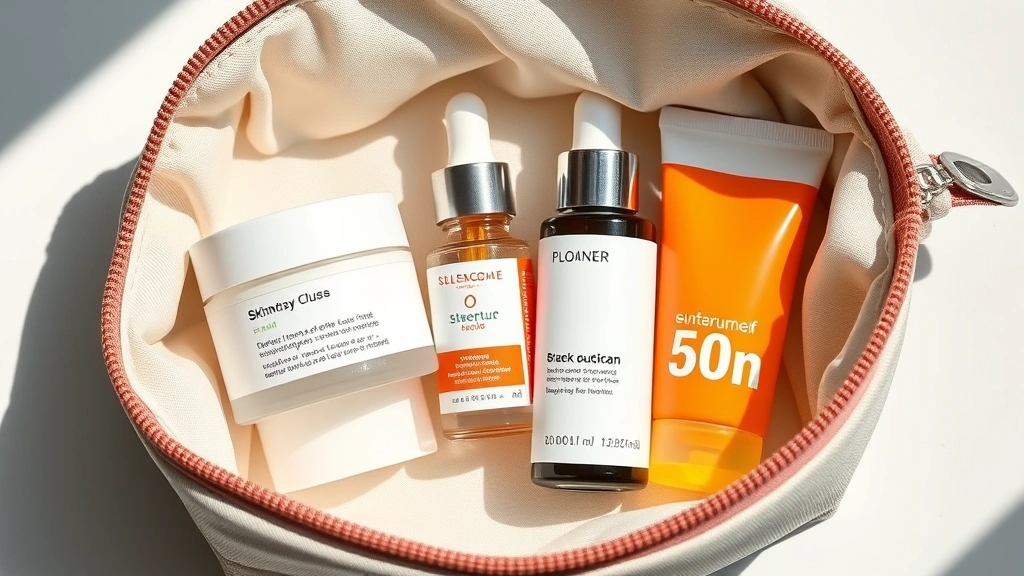 Flatlay of essential skincare items including moisturizer, serum, sunscreen, and cleanser neatly arranged in an open small cosmetic bag with waterproof lining, natural daylight