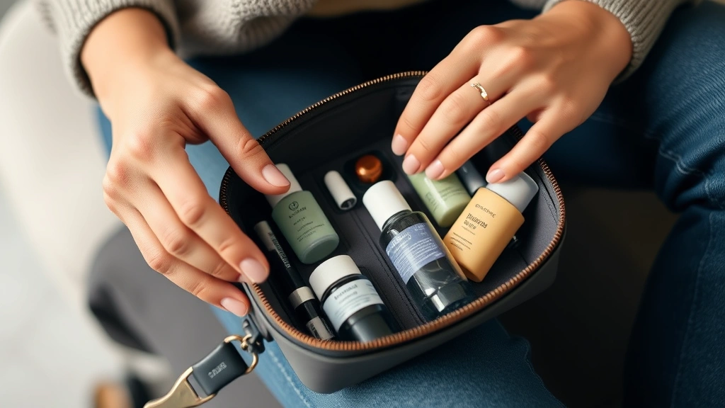 Person packing a small cosmetic bag with miniature skincare products for travel, showing organized compartments and TSA-compliant liquid bottles, lifestyle photography