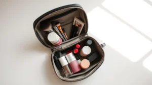 Flat lay overhead view of open small cosmetic purse displaying organized makeup brushes, lipsticks, and skincare bottles neatly arranged in compartments, natural window lighting, minimalist background