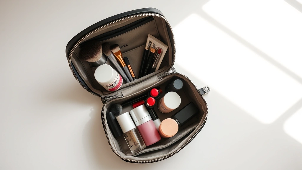 Flat lay overhead view of open small cosmetic purse displaying organized makeup brushes, lipsticks, and skincare bottles neatly arranged in compartments, natural window lighting, minimalist background