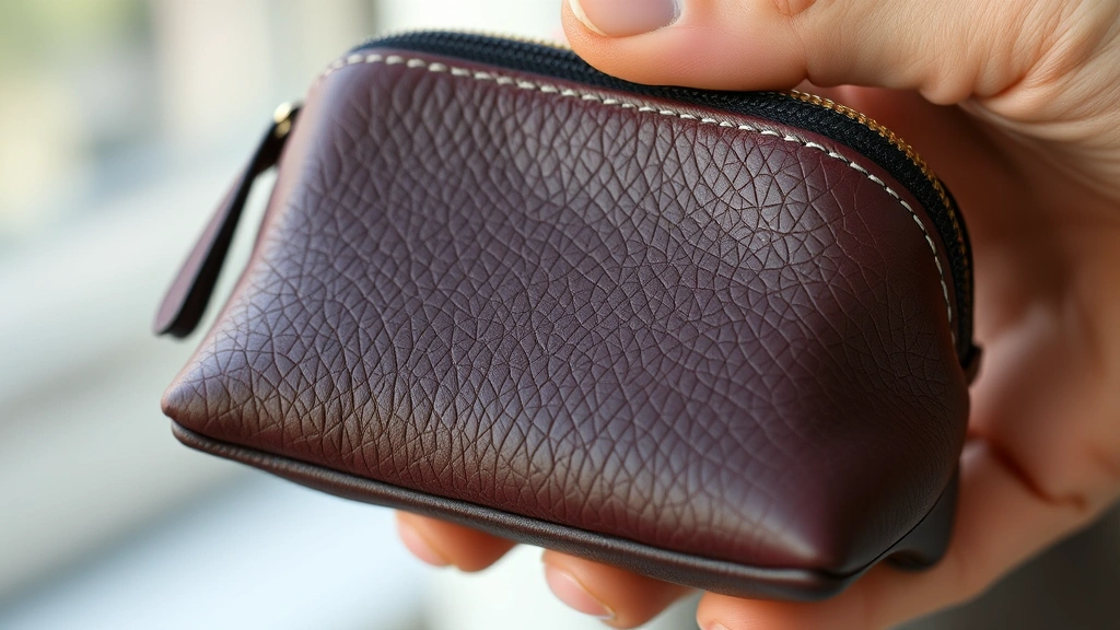 Close-up detail shot of small vegan leather cosmetic purse exterior texture showing rich color and quality craftsmanship, held in hand against blurred natural background