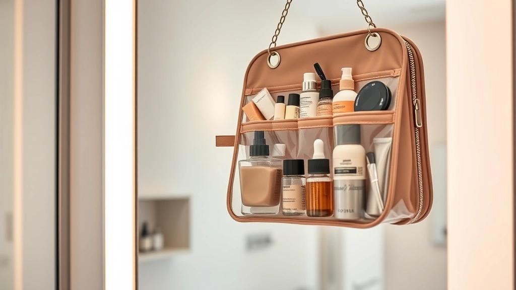 Traveler's cosmetic purse hanging in modern bathroom mirror with various beauty products visible through transparent sections, soft warm lighting, contemporary aesthetic