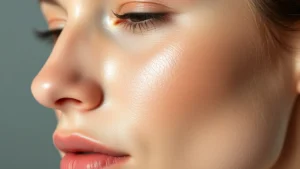 Close-up of perfectly smooth, poreless skin with light reflecting evenly across the face, showcasing refined texture and luminous complexion after primer application, professional lighting, high-definition detail of skin surface