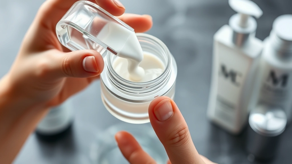 Hands holding a clear glass container with silky primer formula being dispensed, showing the lightweight, translucent texture of premium primer with soft focus background of skincare products