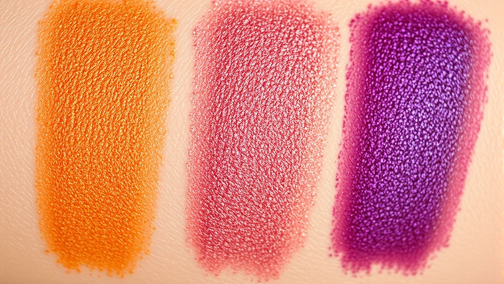 Close-up of vibrant eyeshadow palette swatches showing bold pigmentation and shimmer finishes, arranged on fair and deep skin tones, natural lighting highlighting color intensity and texture
