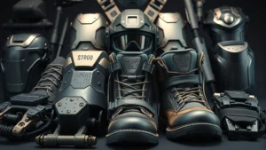 Professional close-up of military-grade tactical gear and armor pieces arranged artfully, metallic finishes gleaming under studio lighting, combat boots and protective equipment displayed