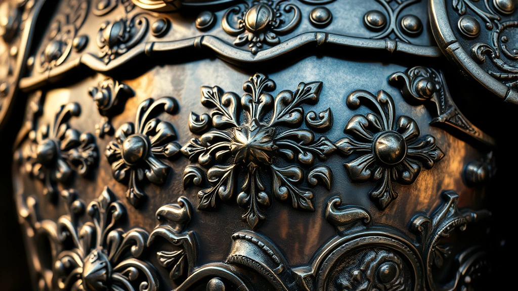 Detailed texture shot of ornate metal armor plating and embellishments, intricate designs catching light, showcasing craftsmanship and detail work in military-inspired aesthetic