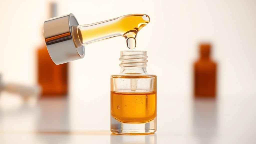 Close-up of clear amber serum liquid in glass dropper bottle with water droplets on minimalist white background, professional skincare product photography, golden hour lighting, shallow depth of field, luxury cosmetics aesthetic