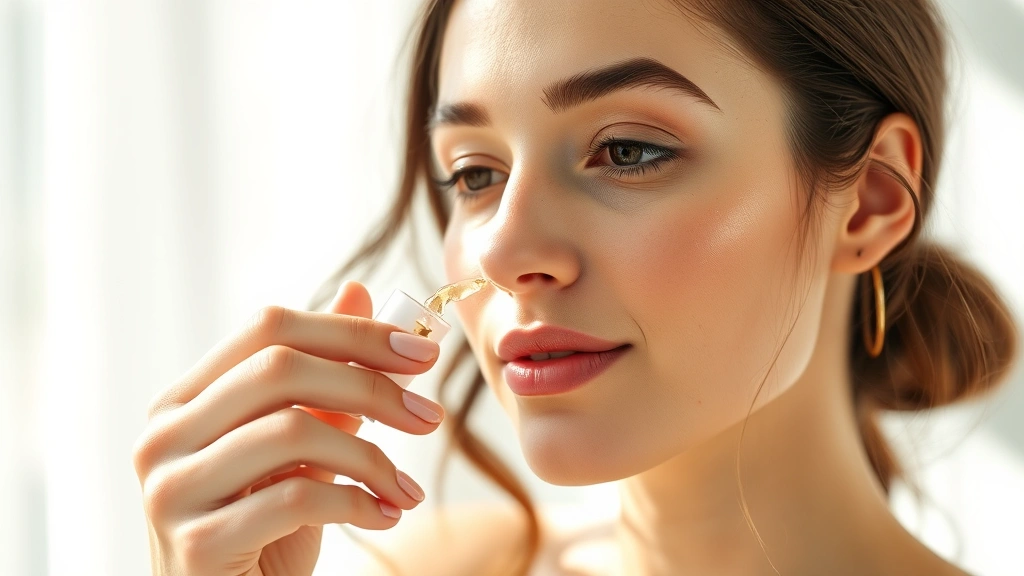 Woman applying translucent serum to glowing dewy skin with fingertips, natural morning light, serene spa-like setting, healthy complexion with visible radiance, gentle hand motion, skincare routine moment