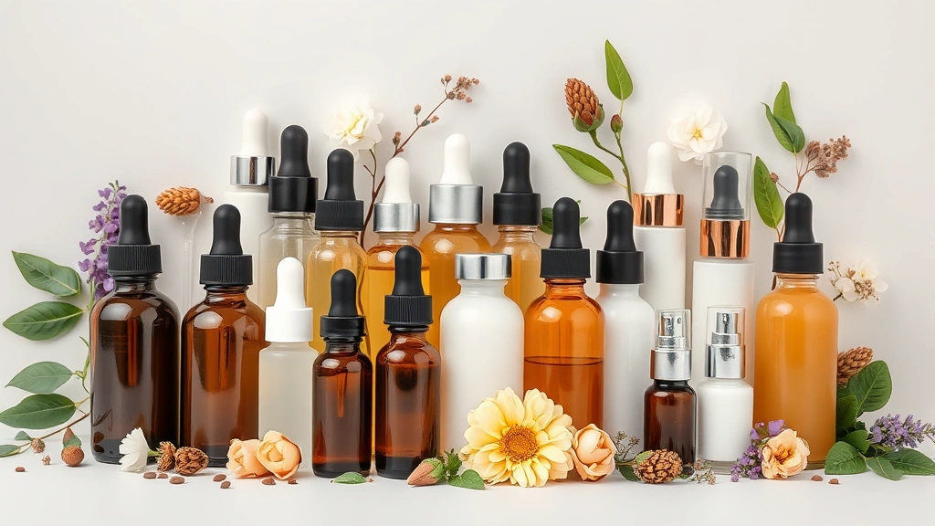 Array of diverse serum bottles in various formulations—clear, amber, milky white liquids—arranged artfully with fresh botanicals, skincare ingredients, and science-focused composition, professional cosmetic product display, neutral background