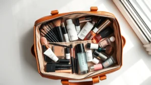 Overhead flat lay of an open luxury leather cosmetic bag displaying organized makeup brushes, skincare bottles, and beauty products neatly arranged in compartments, natural window lighting, professional beauty photography