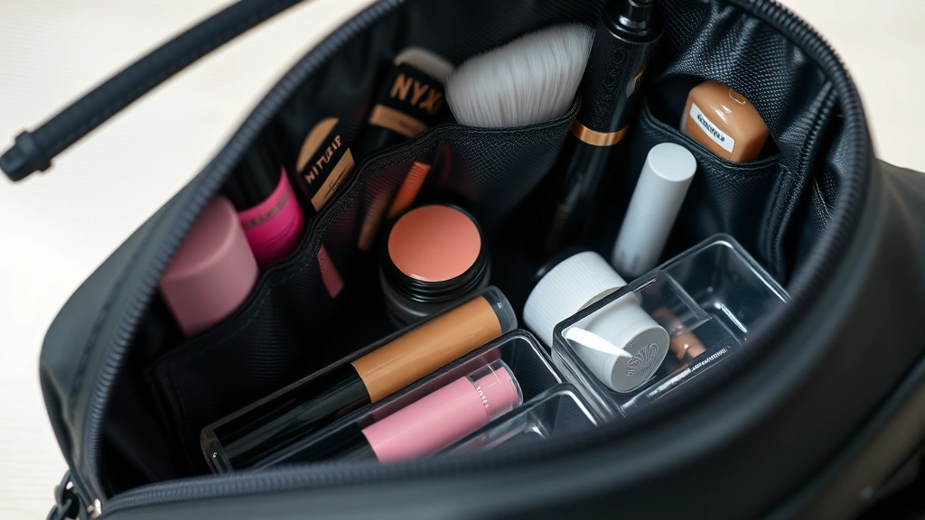 Close-up detail shot of a high-quality waterproof cosmetic bag interior showing organized compartments with various makeup items, demonstrating organizational features and compartmentalization design