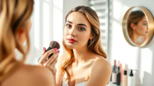 Professional woman with flawless makeup and glowing skin applying foundation in bright, modern bathroom with natural light and clean beauty products on vanity