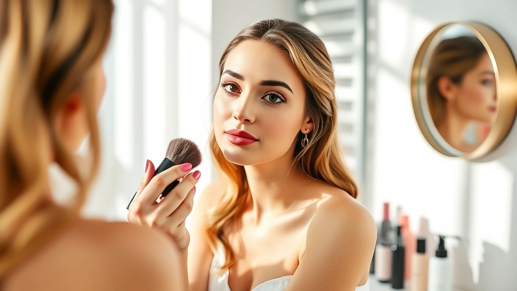Professional woman with flawless makeup and glowing skin applying foundation in bright, modern bathroom with natural light and clean beauty products on vanity