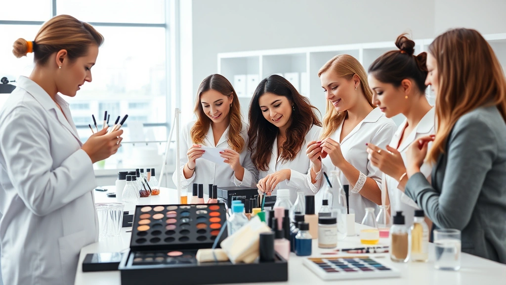 Diverse team of beauty professionals collaborating in modern cosmetics laboratory with beakers, color swatches, and ingredient samples on clean white workspace