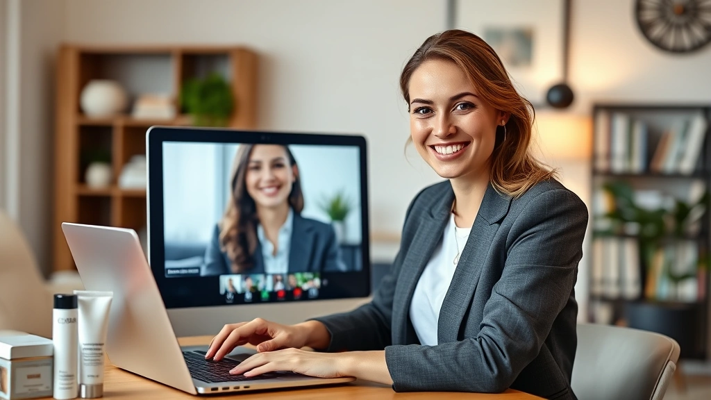 Young professional woman smiling at camera during video interview on laptop, wearing business casual attire, professional home office background with skincare products visible