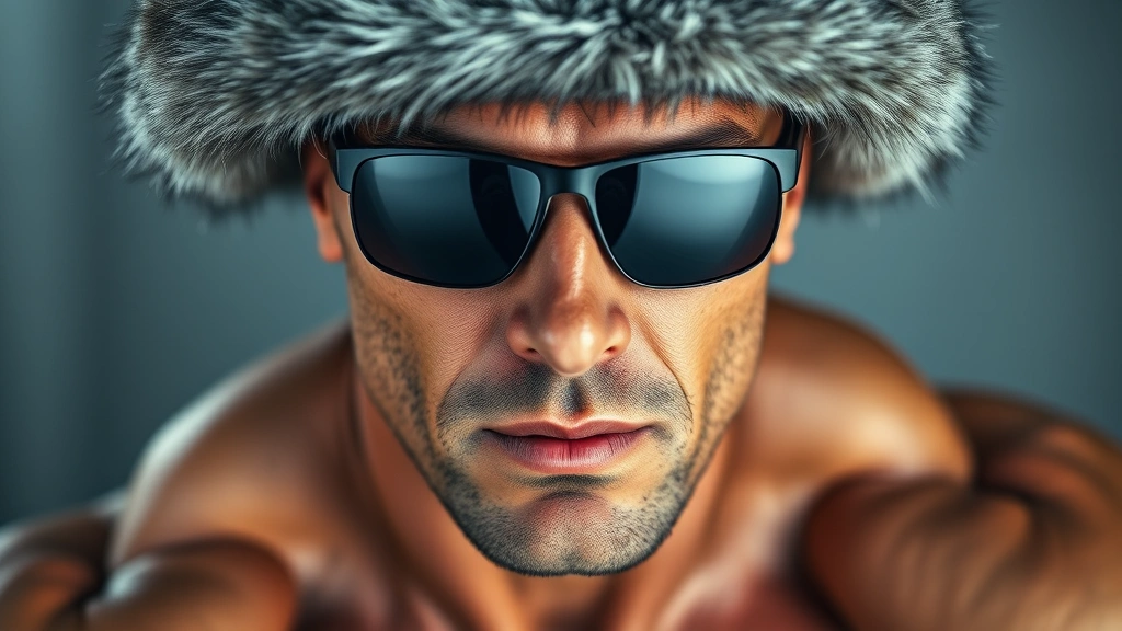 Photorealistic close-up of a muscular man wearing military-style Russian fur hat and sunglasses, professional lighting, studio setting, no text visible