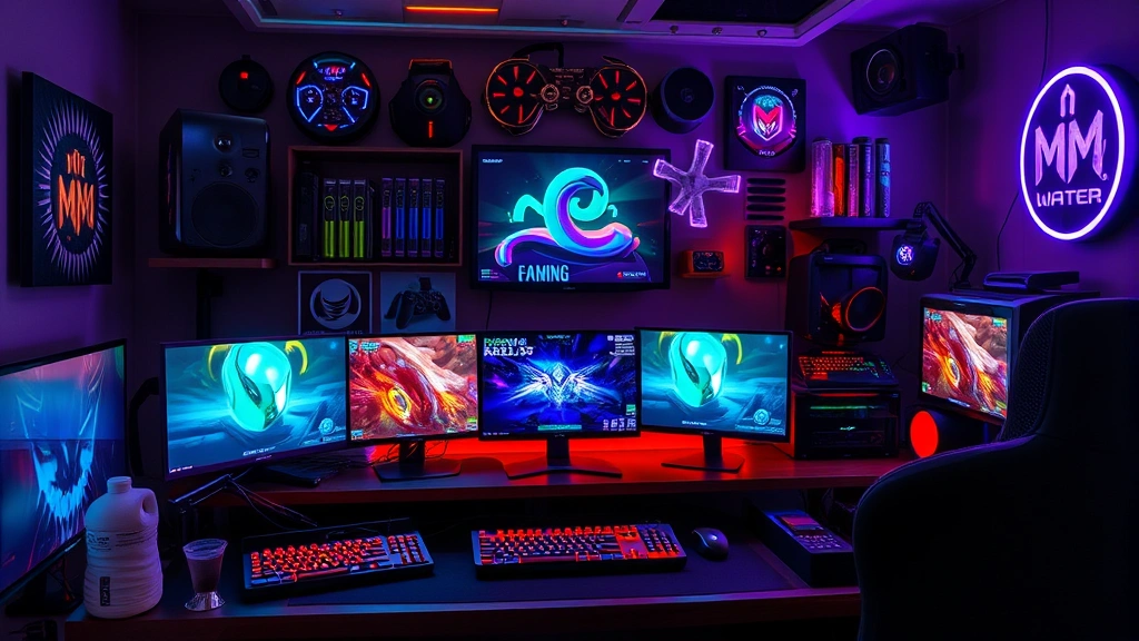 Photorealistic image of diverse gaming setup with cosmetic item displays, glowing effects, professional photography, no packaging or labels visible