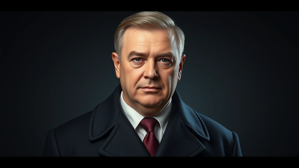 Photorealistic portrait of confident man in formal Soviet-style coat with distinguished appearance, dramatic lighting, professional headshot style, no text