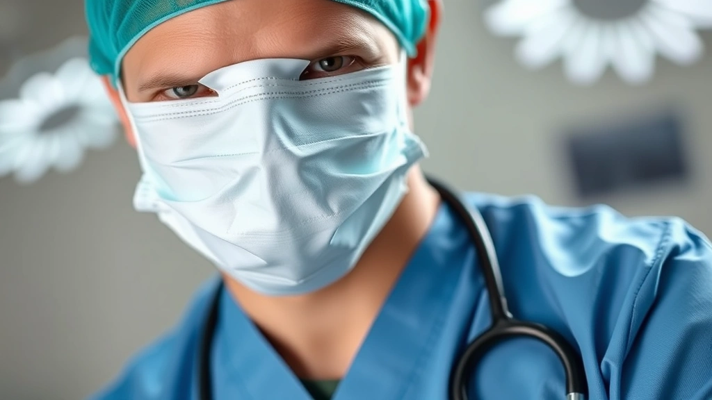 Professional medical doctor in surgical attire with stethoscope, close-up of face with precision and competence, clinical lighting, professional studio photography
