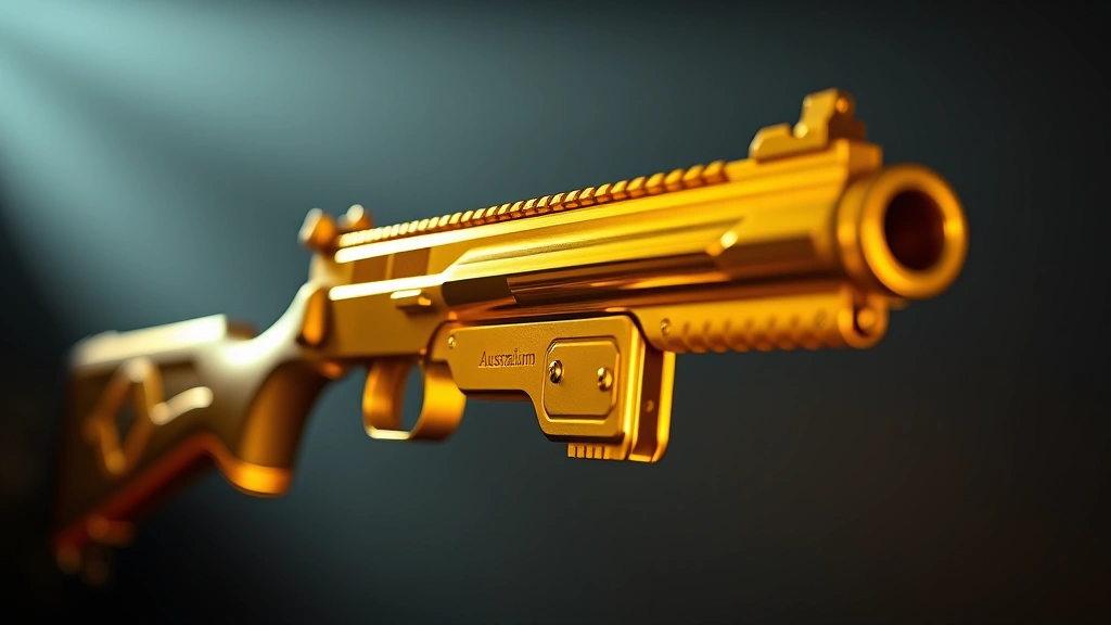 Golden Australium weapon gleaming under dramatic lighting, detailed craftsmanship, luxury presentation, metallic reflections, shallow depth of field focus