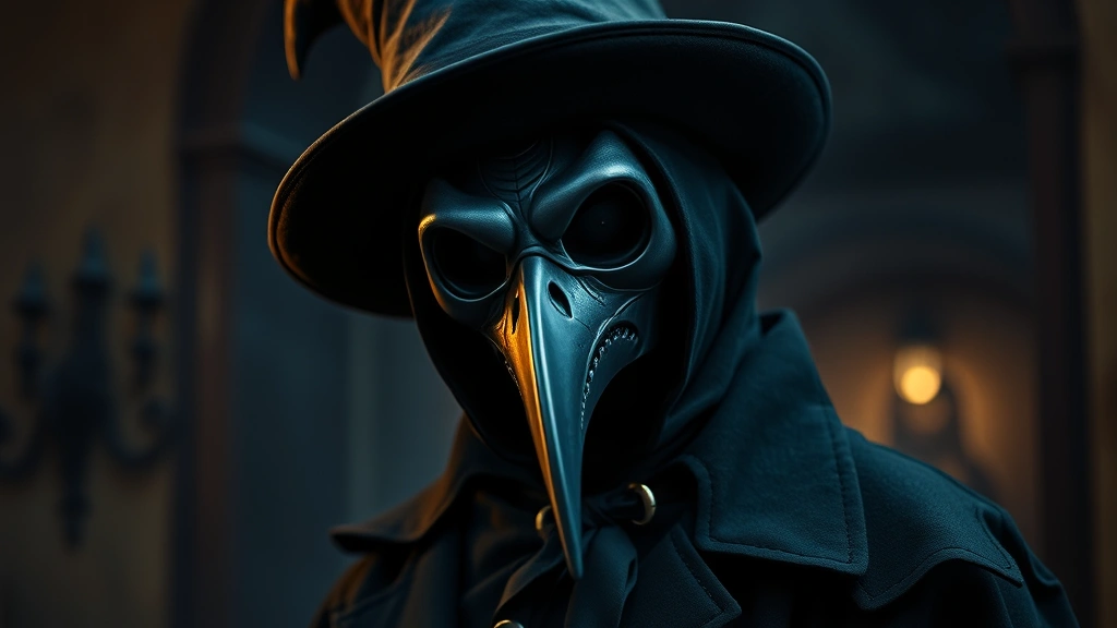 Plague doctor character with dark beak mask and theatrical costume, moody atmospheric lighting, gothic aesthetic, mysterious professional appearance