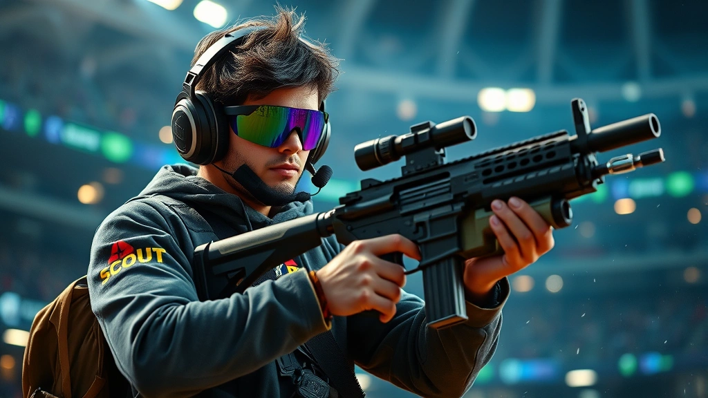 Professional esports player wearing Scout cosmetics during competitive match, holding scatter gun with confident stance, dramatic lighting highlighting cosmetic details and particle effects, stadium background blurred